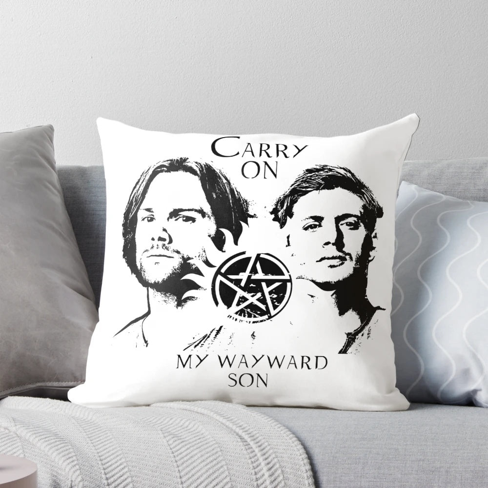 Supernatural Wayward Son Pillow featuring the Winchesters from the TV show Carry On
