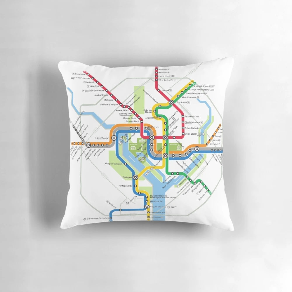 Pillow featuring a detailed Washington DC metro map for easy travel