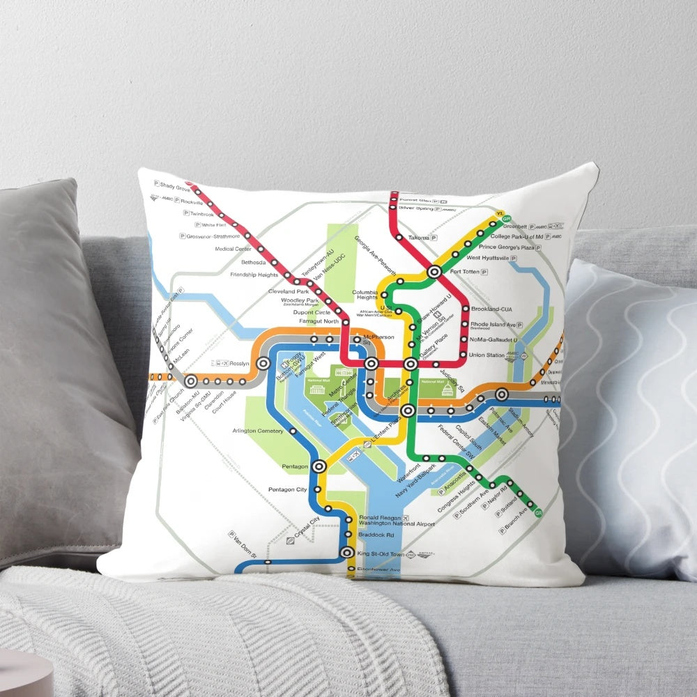 Pillow featuring a detailed Washington DC metro map for easy travel