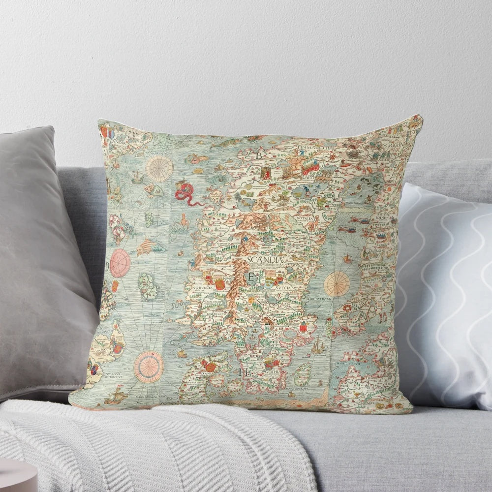 Vintage Carta Marina (1539) map pillow featuring a detailed illustration of sea monsters and other maritime creatures from the 16th century.