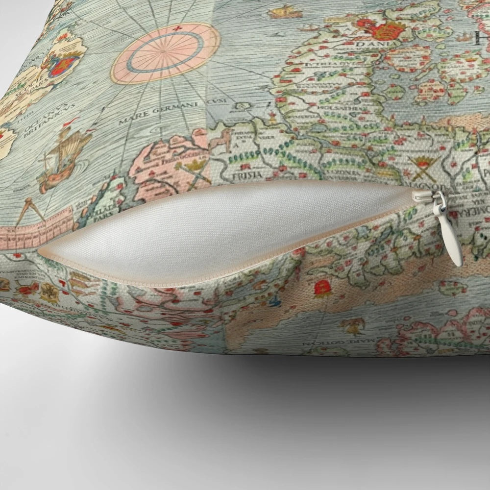 Vintage Carta Marina (1539) map pillow featuring a detailed illustration of sea monsters and other maritime creatures from the 16th century.