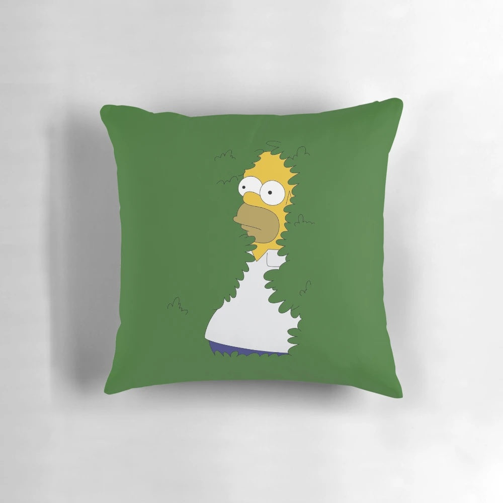 Illustration of Homer Simpson disappearing into a hedge, featured on a decorative throw pillow