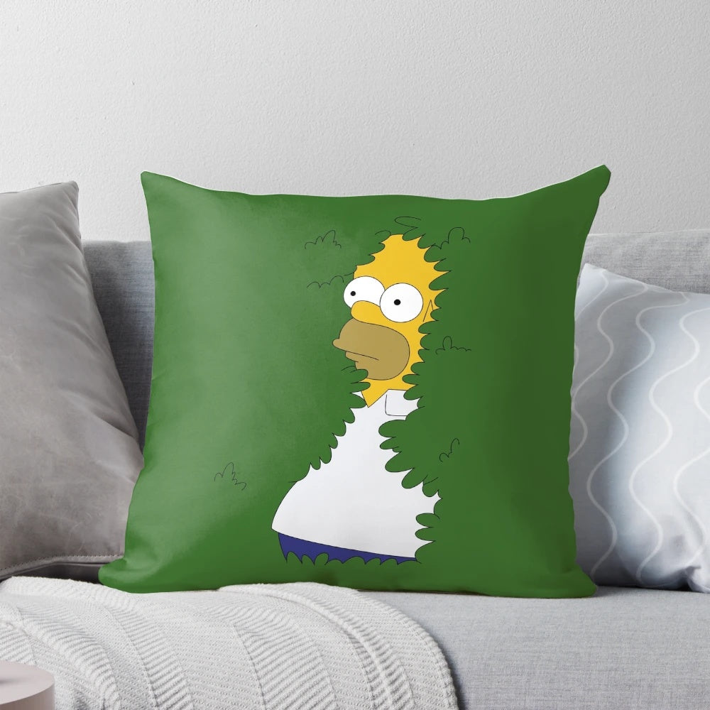 Illustration of Homer Simpson disappearing into a hedge, featured on a decorative throw pillow