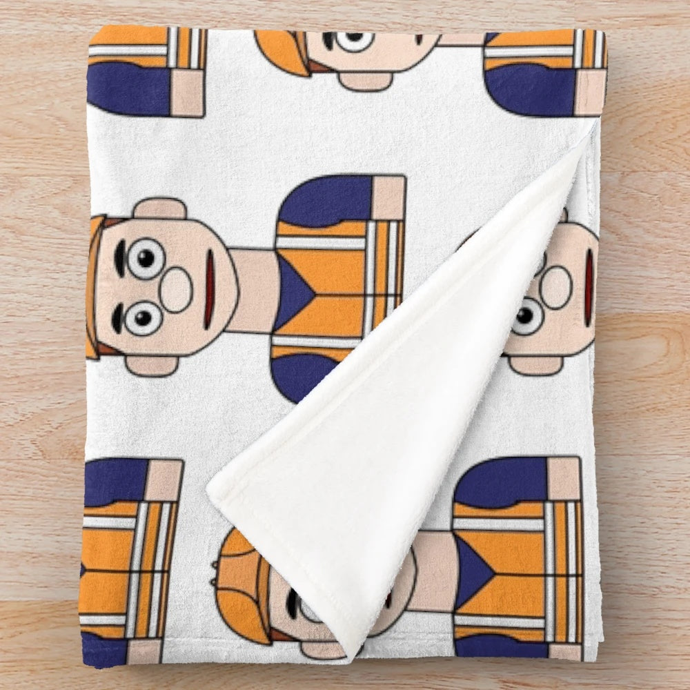 Cartoon construction worker illustration on a plush blanket