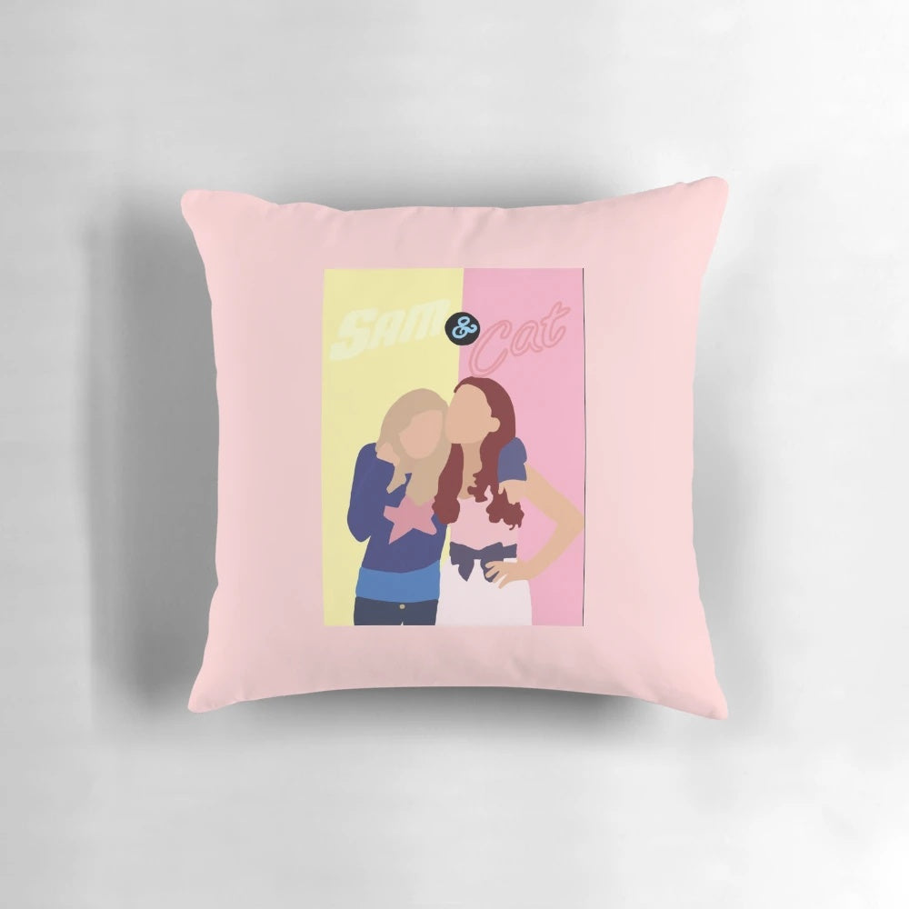 Sam and Cat cartoon characters drawn on a soft, comfortable pillow