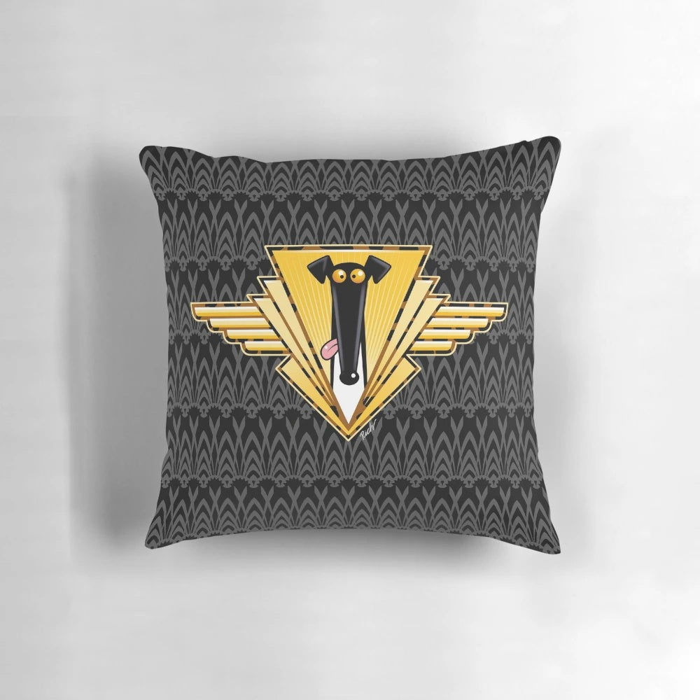 Vibrant cartoon illustration of a greyhound dog printed on a plush decorative pillow