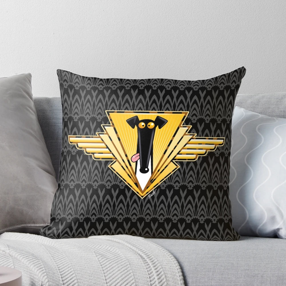 Vibrant cartoon illustration of a greyhound dog printed on a plush decorative pillow