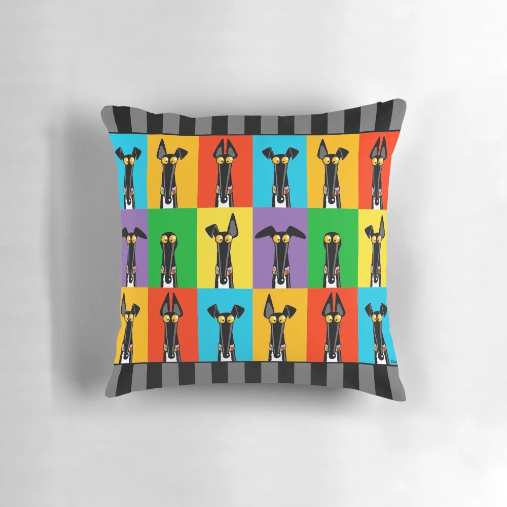Cartoon illustration of a greyhound dog making semaphore signals on a decorative pillow with a border