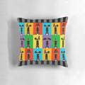 Cartoon illustration of a greyhound dog making semaphore signals on a decorative pillow with a border