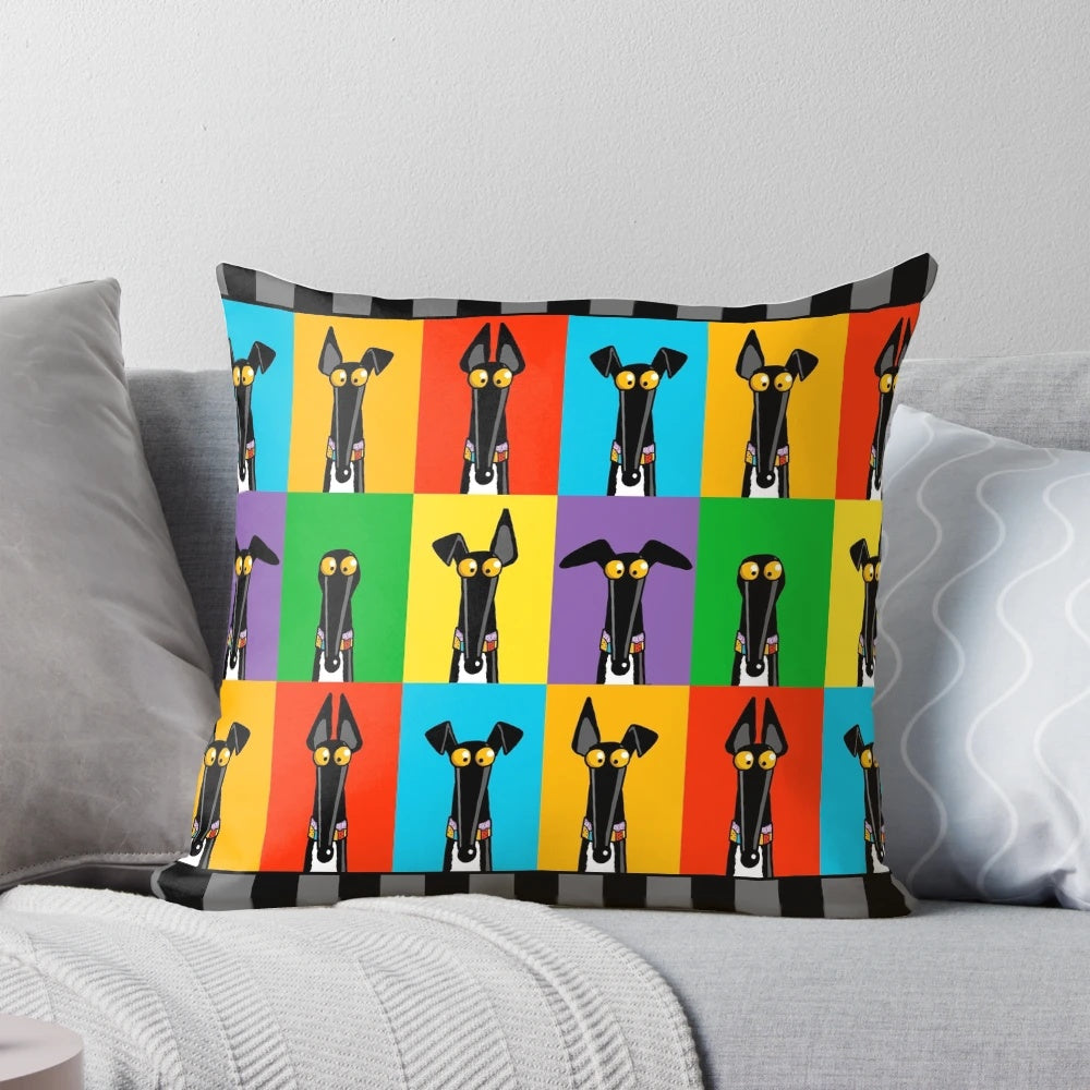 Cartoon illustration of a greyhound dog making semaphore signals on a decorative pillow with a border