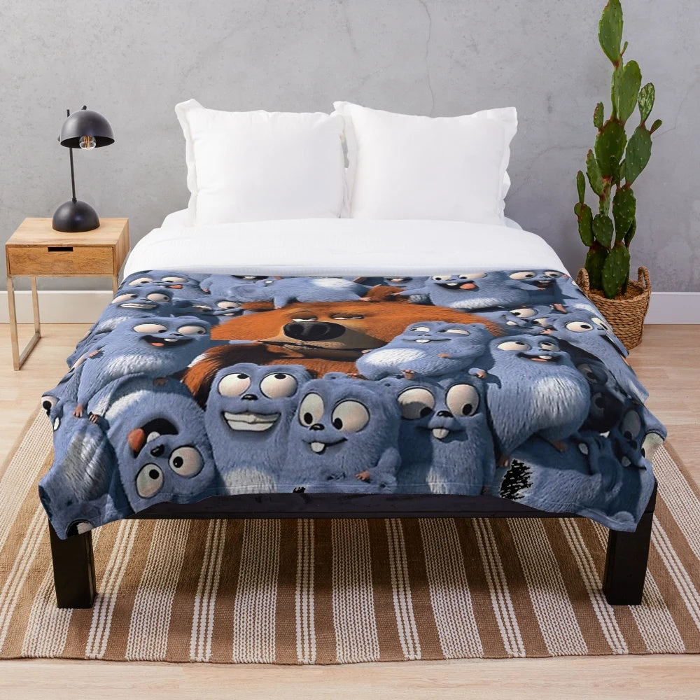 Soft and cozy plush blanket featuring the beloved characters Grizzy and Lemmings from the popular cartoon