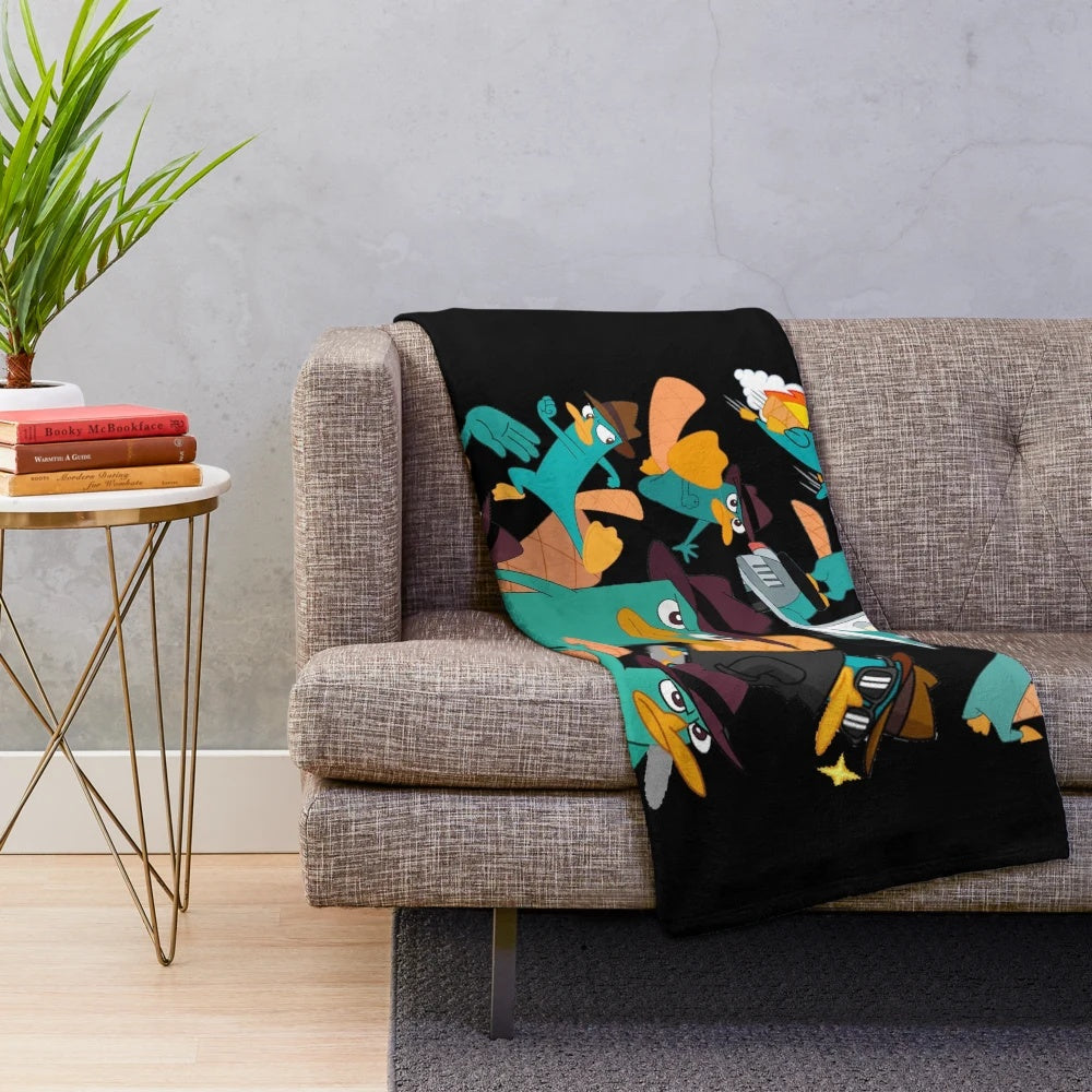 Perry the platypus plush blanket with collage design from Phineas and Ferb