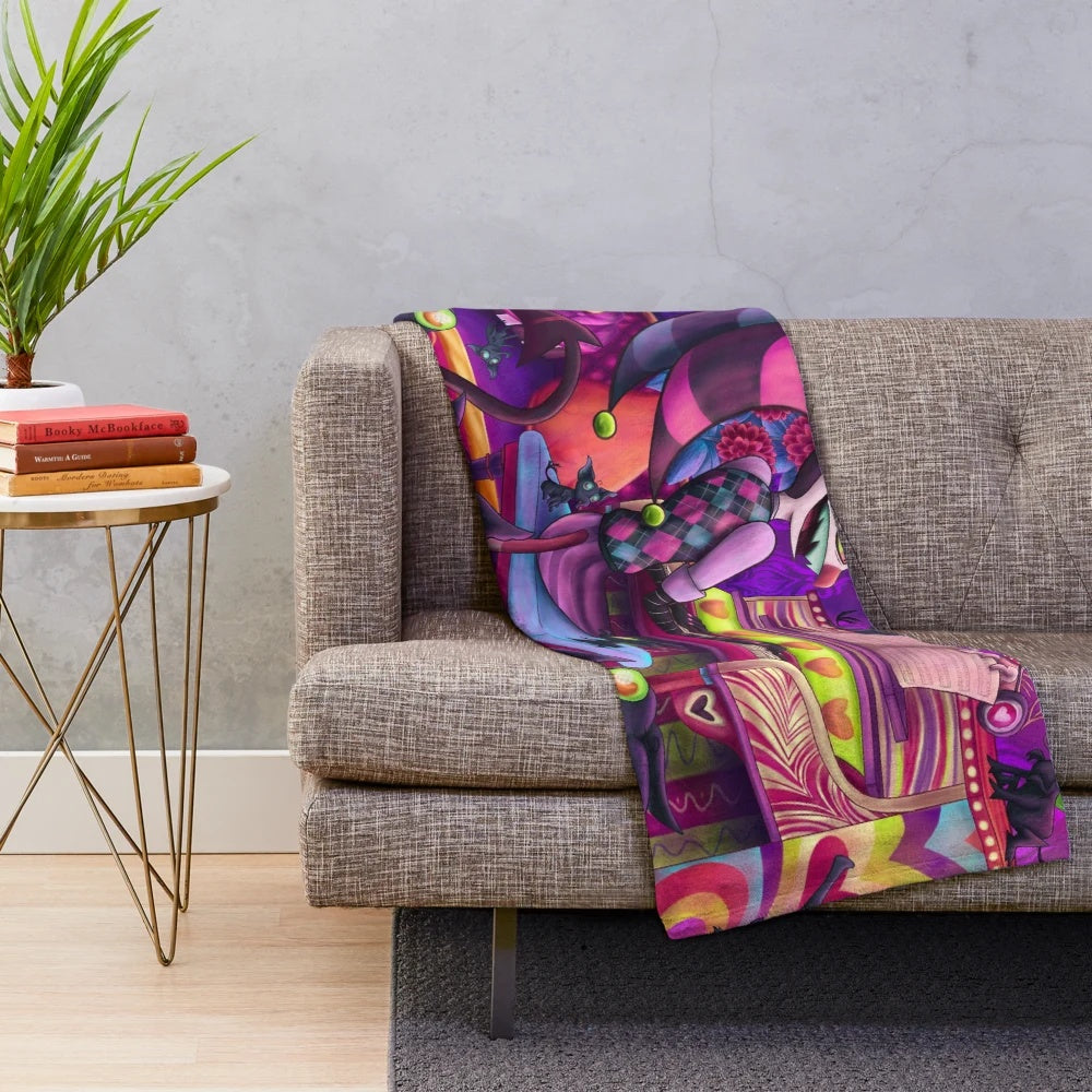 Cartoon jester plush blanket with piano and musical elements