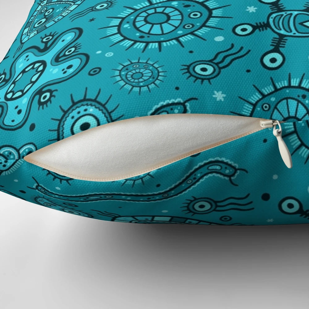 Teal decorative pillow featuring a whimsical cartoon pattern of microbes and germs.