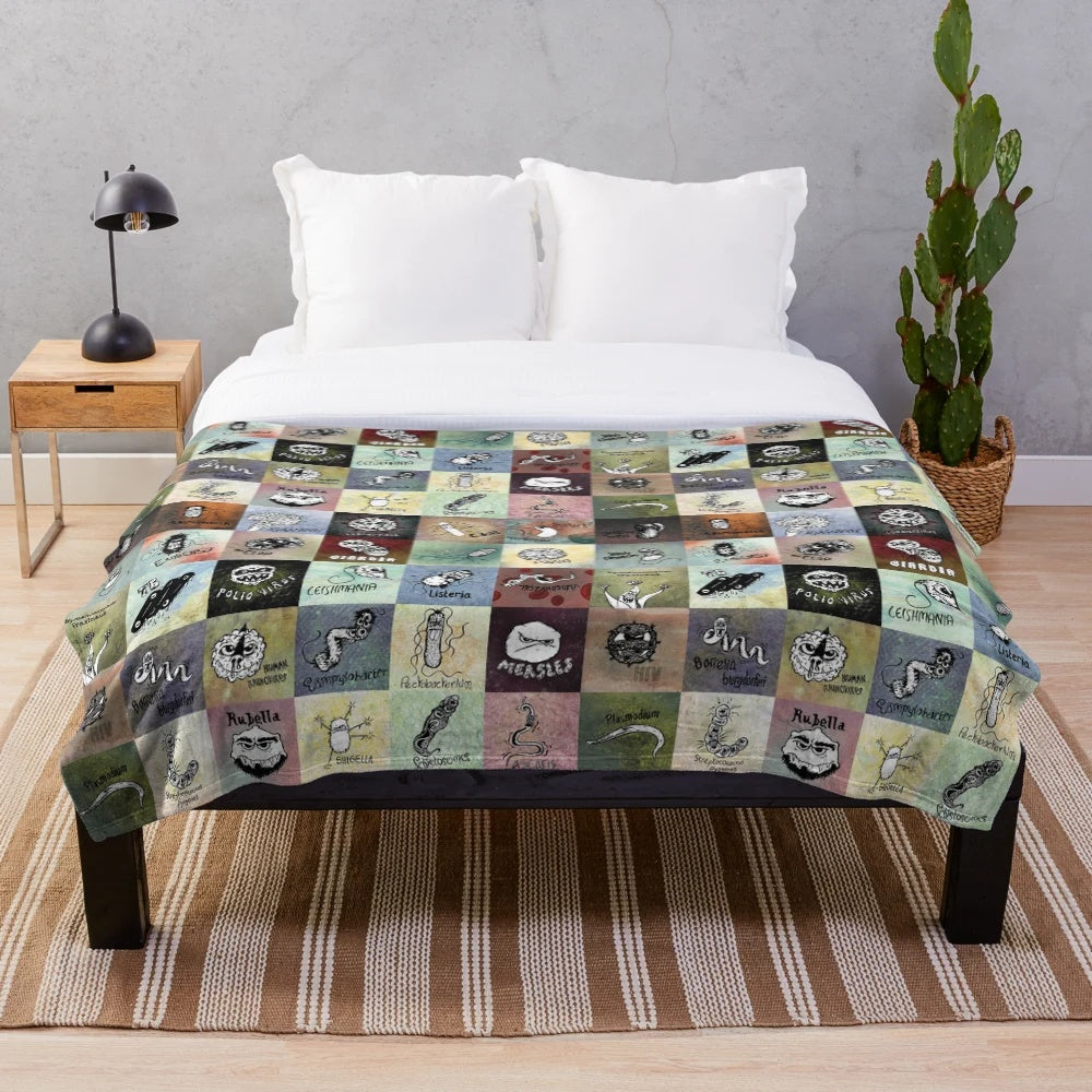 Cartoon pathogen portraits plush blanket with various microbes
