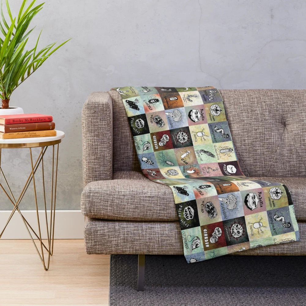 Cartoon pathogen portraits plush blanket with various microbes