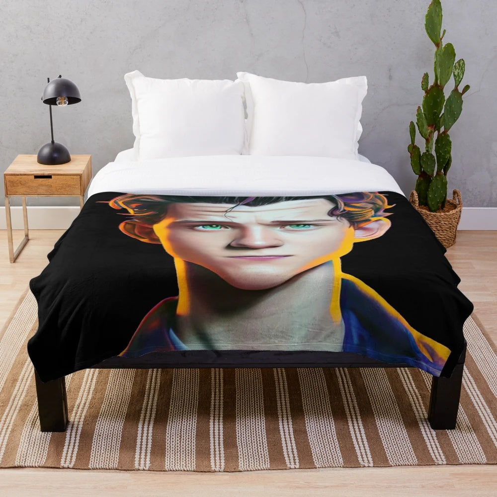 A cozy plush blanket featuring a cartoon portrait of actor Tom Holland