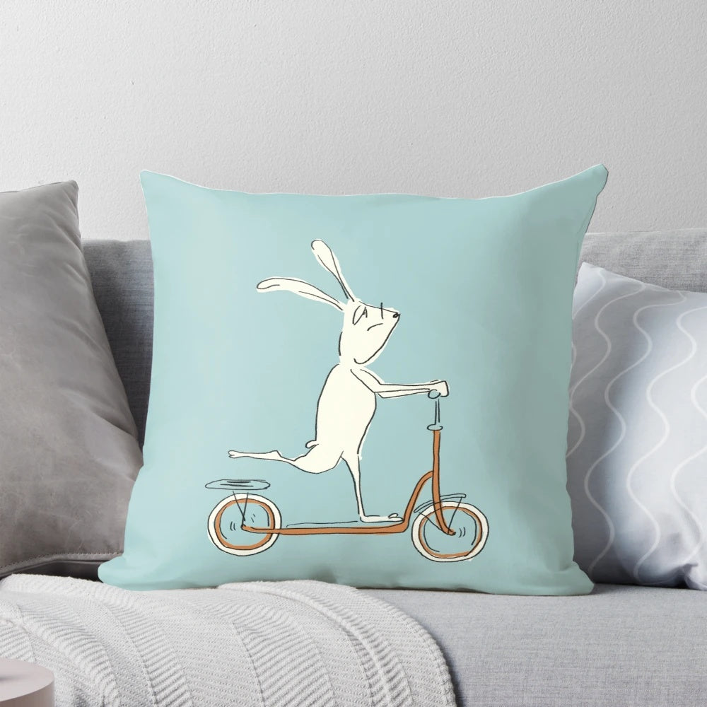 Colorful cartoon scooter pillow with rabbit/bunny design, perfect for kids' bedrooms and Easter decorating.