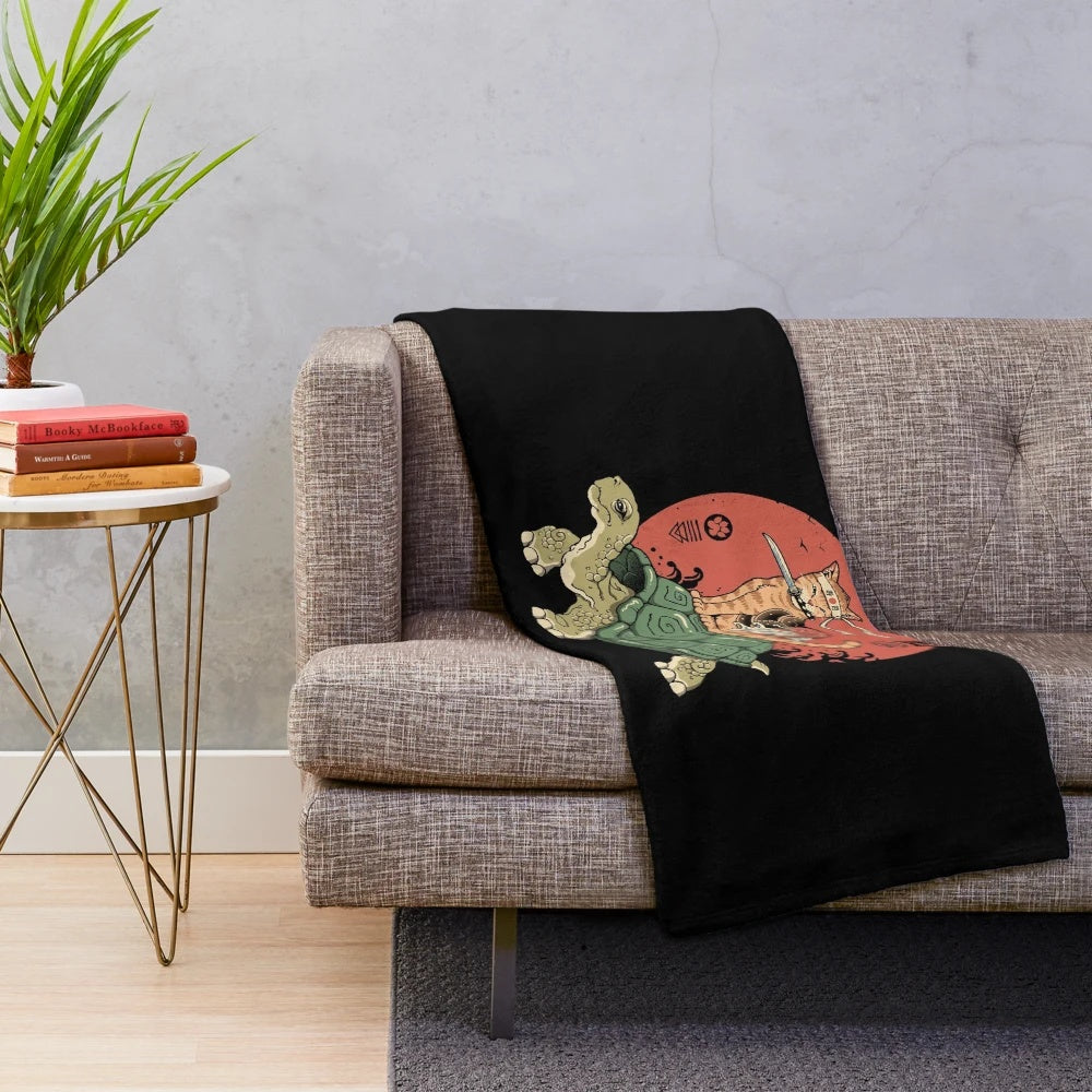 Cozy plush blanket featuring Catana-style cats and turtles