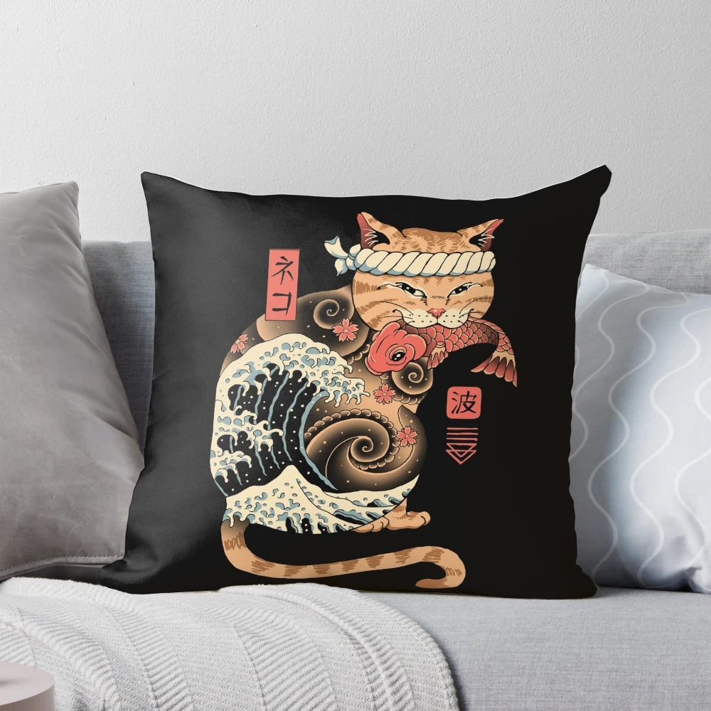 Catana Wave Pillow featuring the iconic "The Great Wave off Kanagawa" design by Hokusai