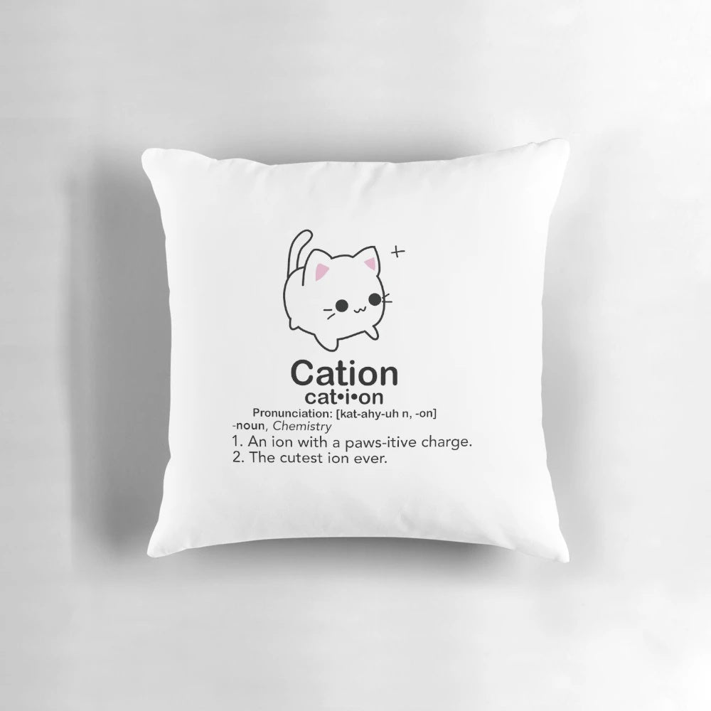 A pillow with a 'cation' cat pun design, perfect for science enthusiasts and cat lovers.