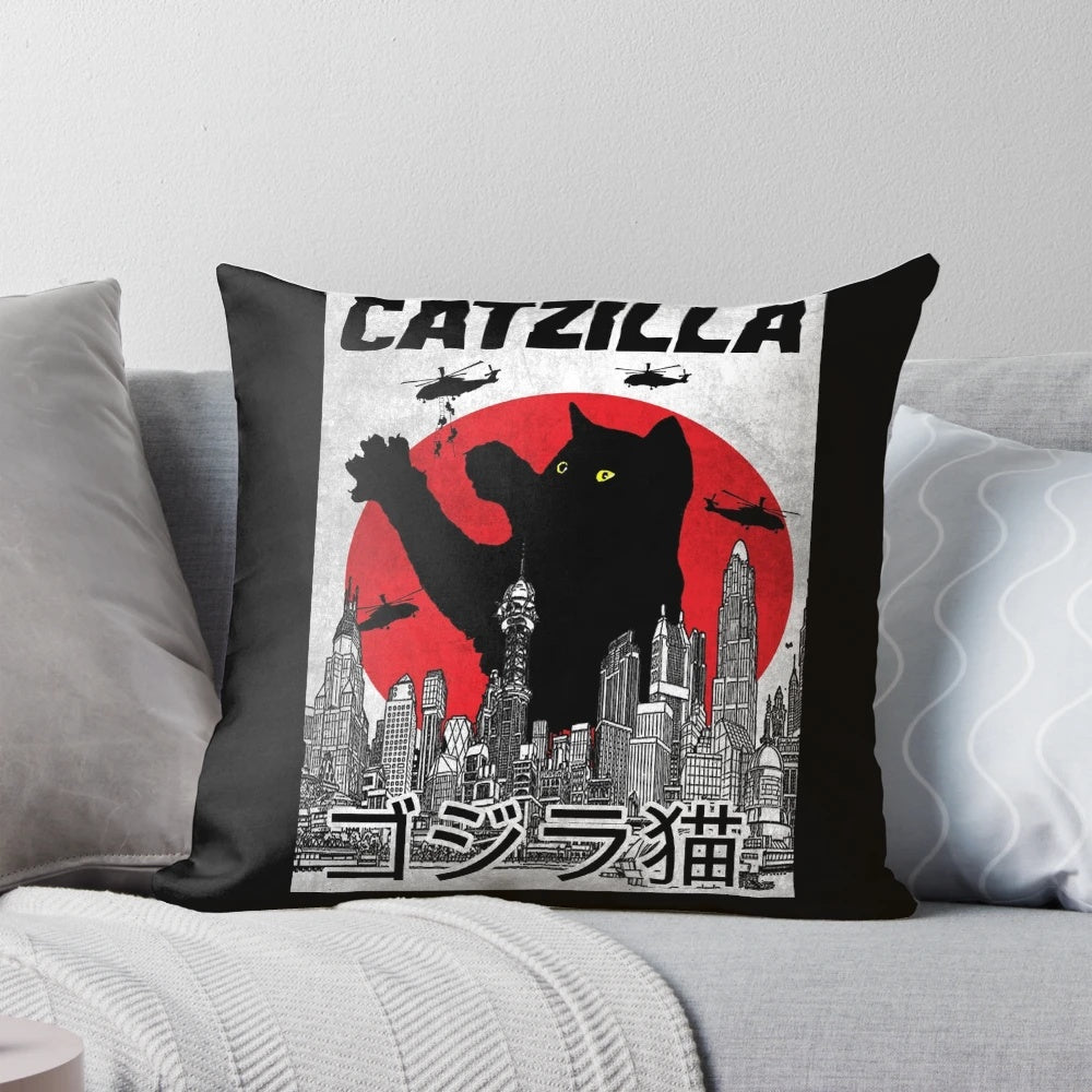 Catzilla cat pillow, a cute and humorous cat-themed home decor item