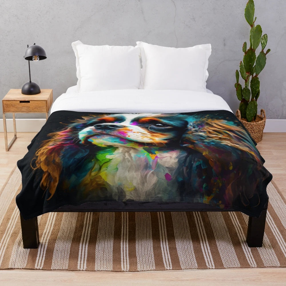 Cavalier King Charles Spaniel dog on a colorful synesthetic splash art plush blanket