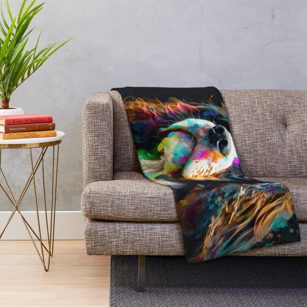 Cavalier King Charles Spaniel dog on a colorful synesthetic splash art plush blanket