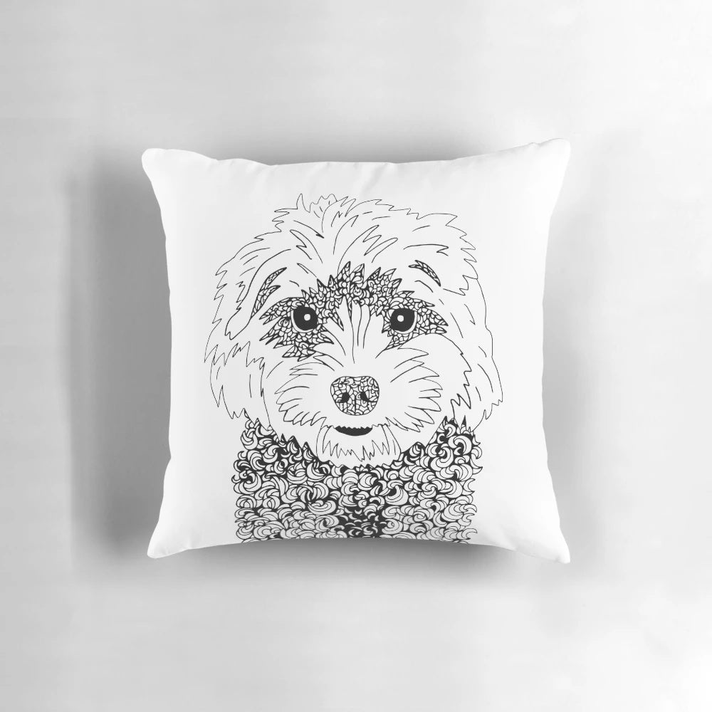 Black and white Cavoodle dog zentangle art pattern on a decorative pillow