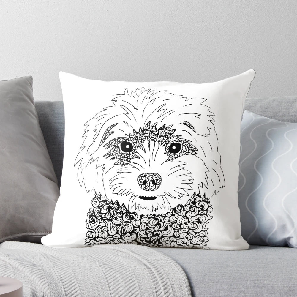 Black and white Cavoodle dog zentangle art pattern on a decorative pillow