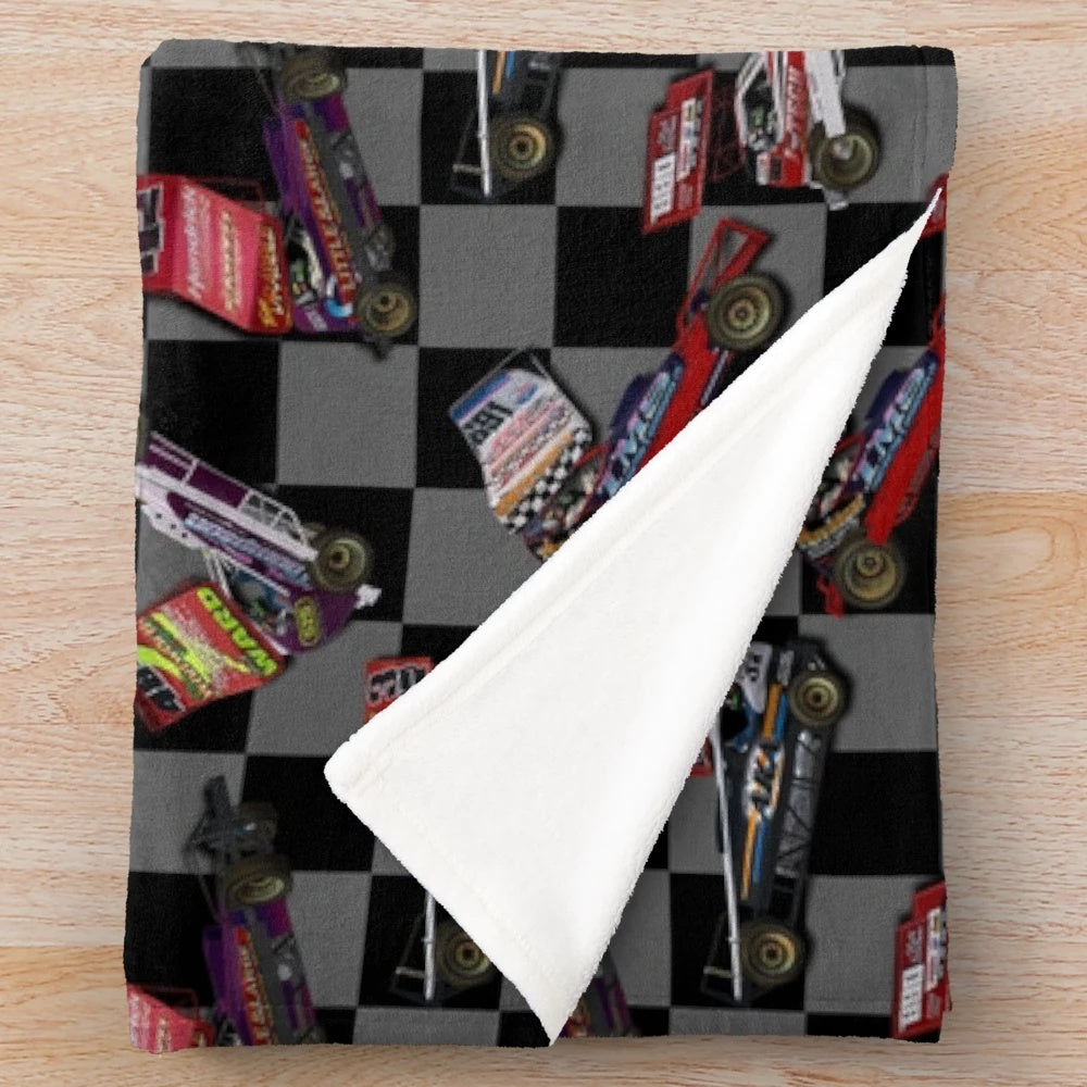 Stock car racing themed plush blanket with Cazyrer Racing graphics