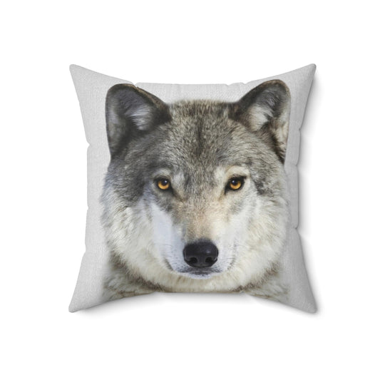 Vibrant wolf portrait printed on a soft, plush pillow for modern nursery and children's room decor.