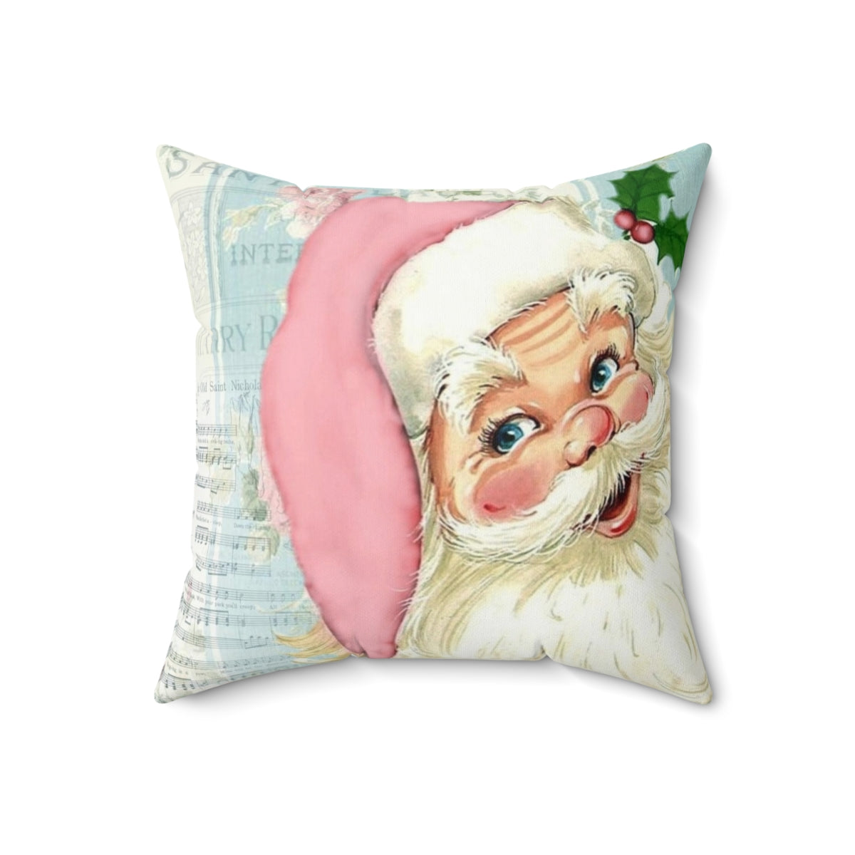 Vintage-style Santa Claus pillow with music, featuring a retro and shabby chic design in pink and blue colors. - Back