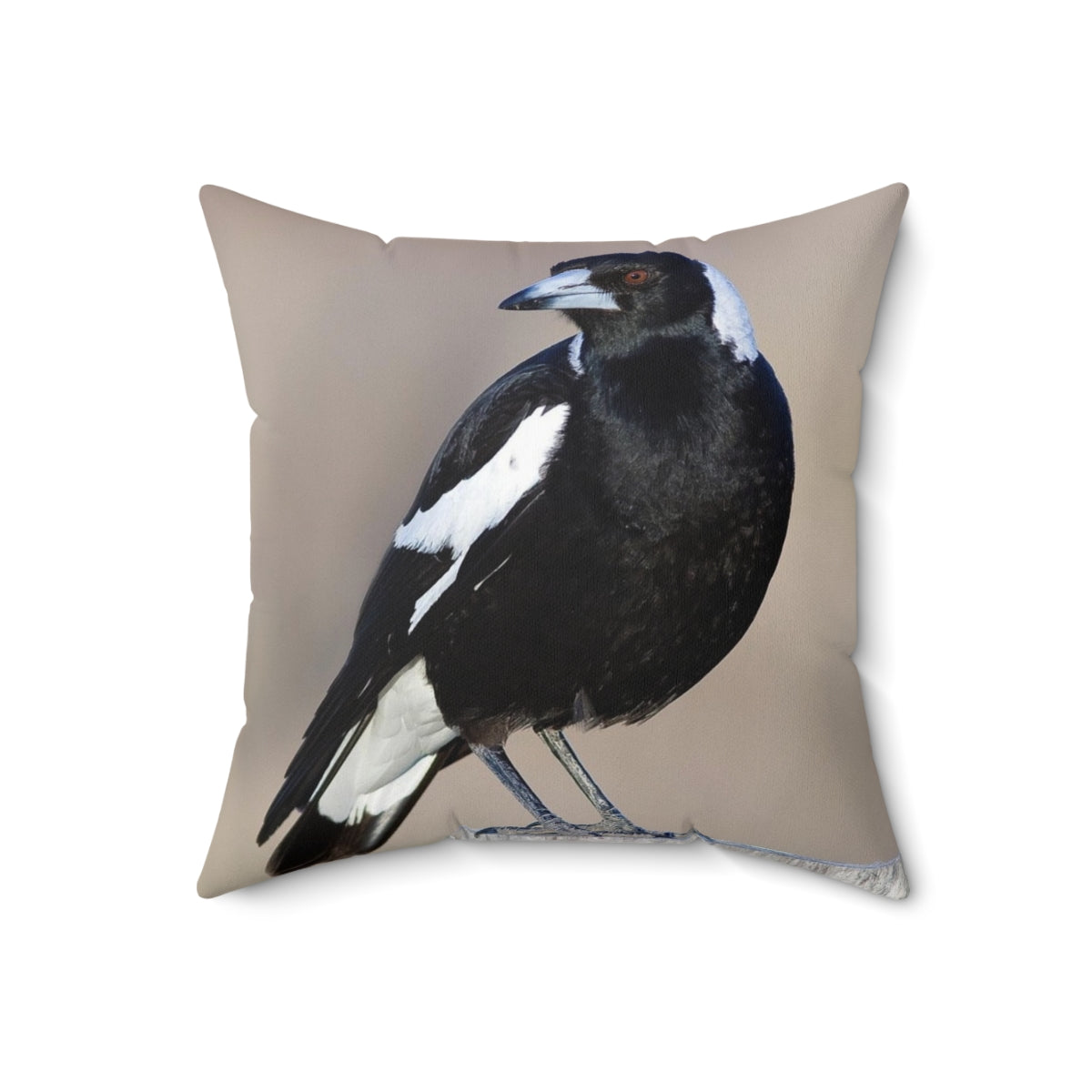 Decorative throw pillow featuring a detailed illustration of an Australian magpie bird - Back