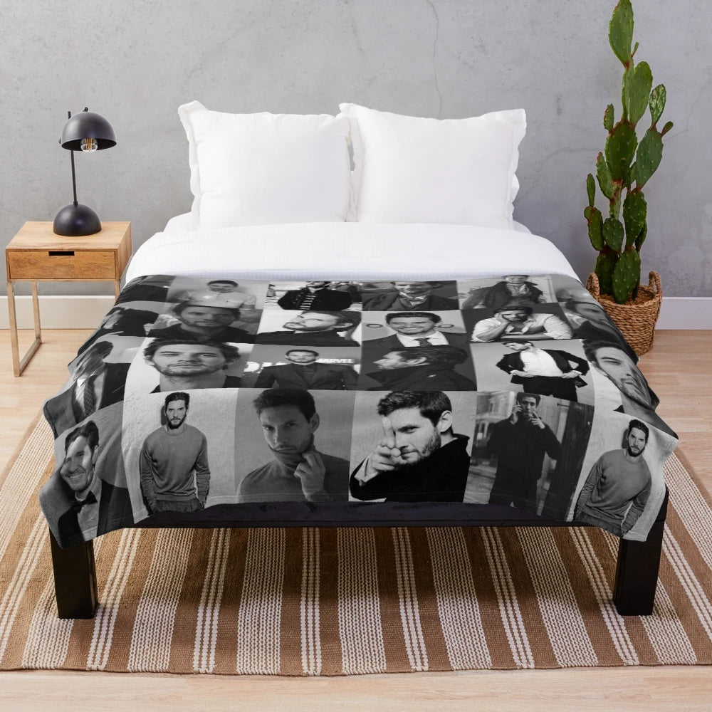 A cozy plush blanket featuring a collage of popular actors including Ben Barnes
