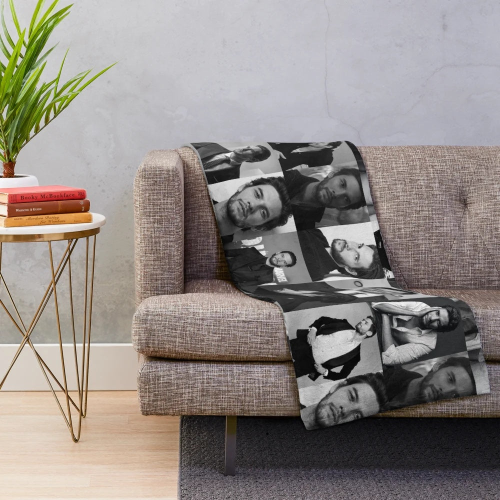 A cozy plush blanket featuring a collage of popular actors including Ben Barnes