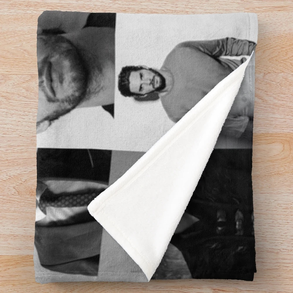 A cozy plush blanket featuring a collage of popular actors including Ben Barnes