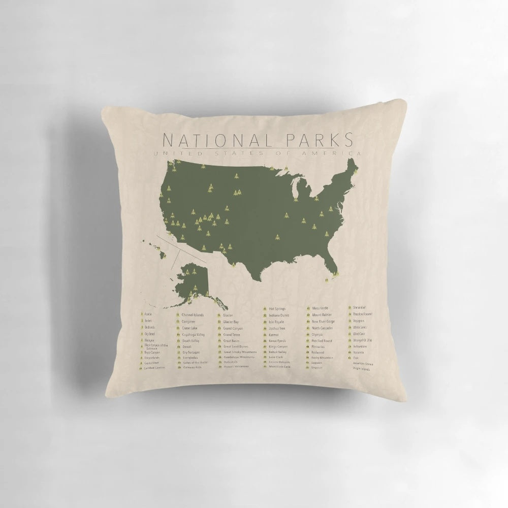 Pillow featuring a silhouette design of the United States and national park icons