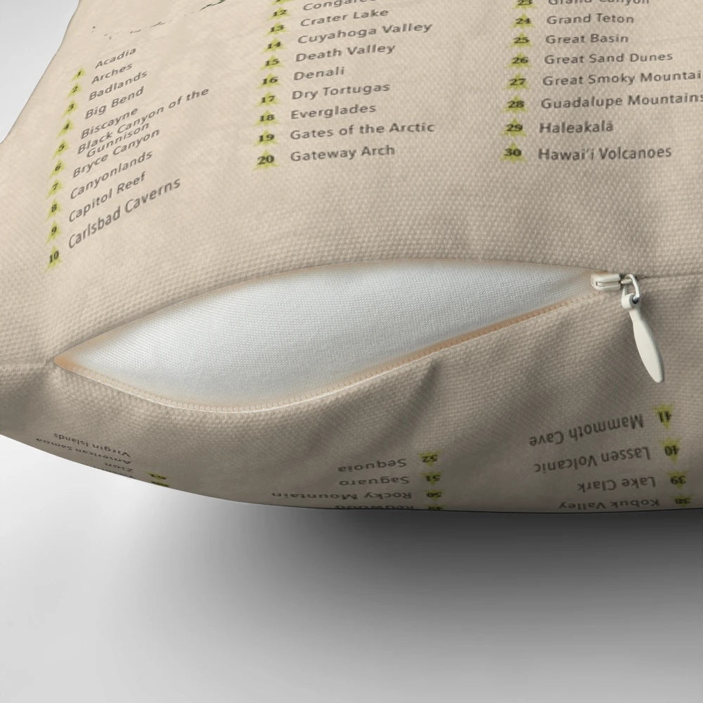 Pillow featuring a silhouette design of the United States and national park icons