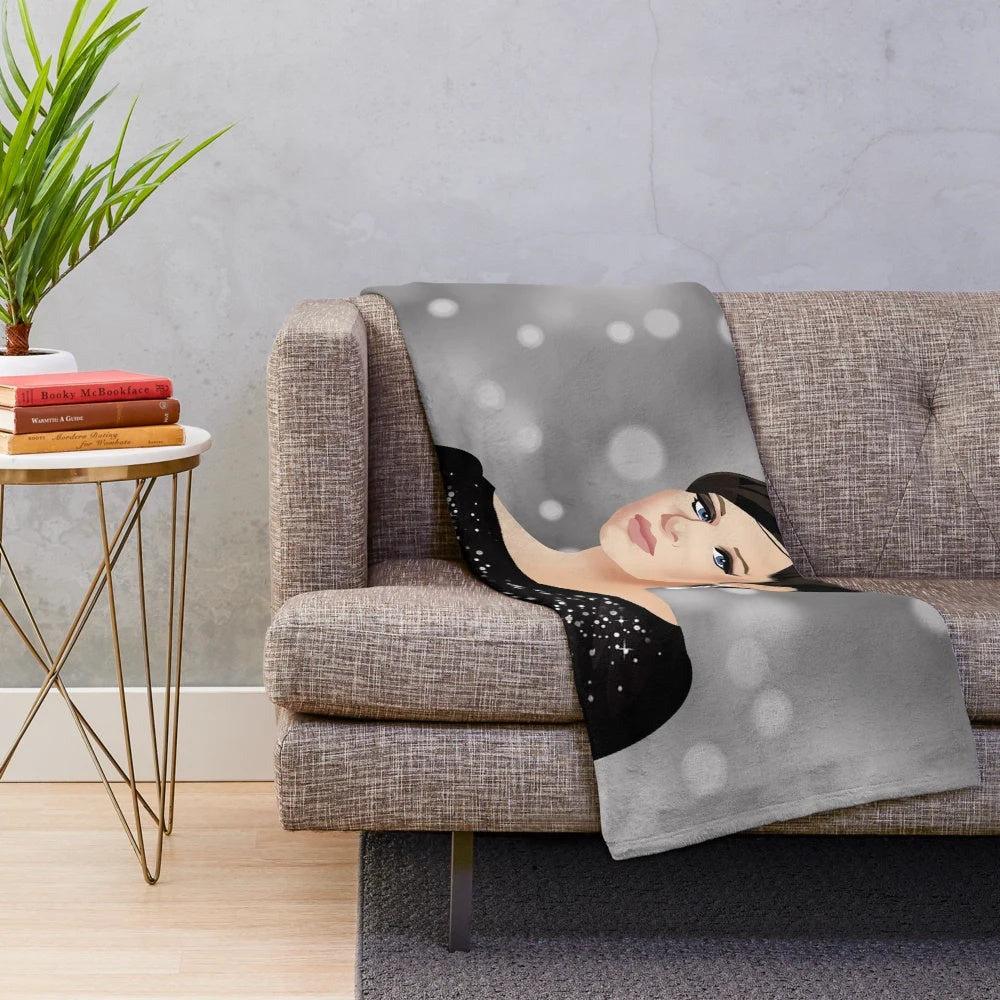 Plush blanket featuring a glamorous illustration of Barbra Streisand's iconic Oscars outfit