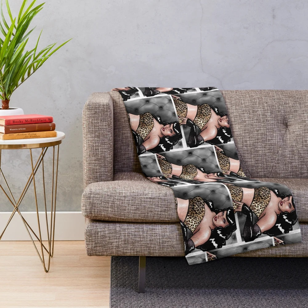 Bettie Page plush blanket with leopard print design