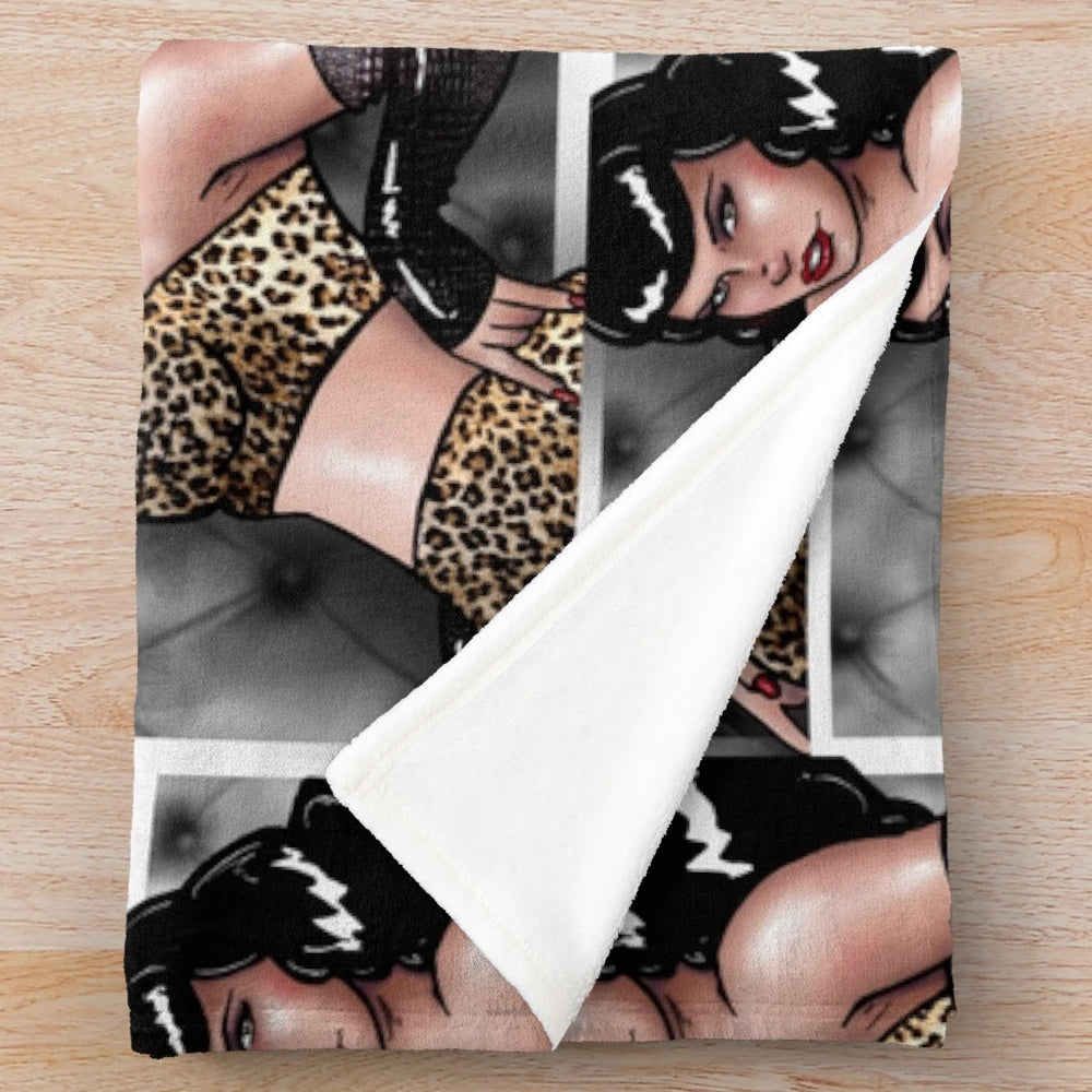 Bettie Page plush blanket with leopard print design