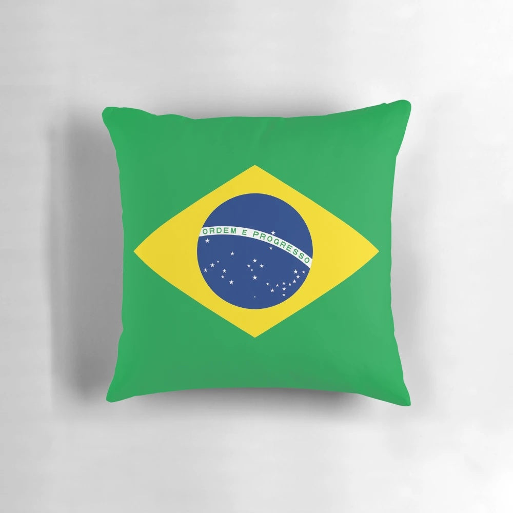 Colorful Brazil flag printed on a soft, high-quality pillow