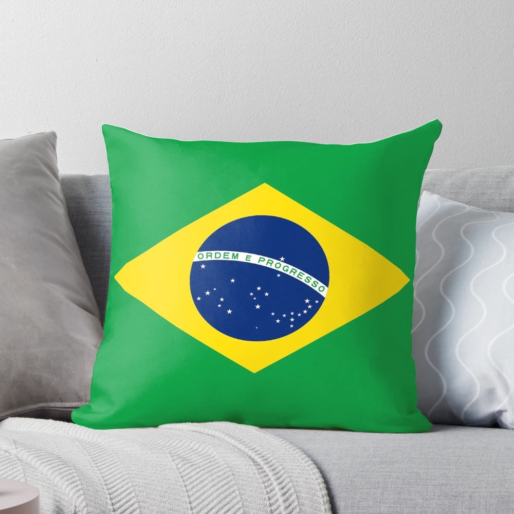 Colorful Brazil flag printed on a soft, high-quality pillow