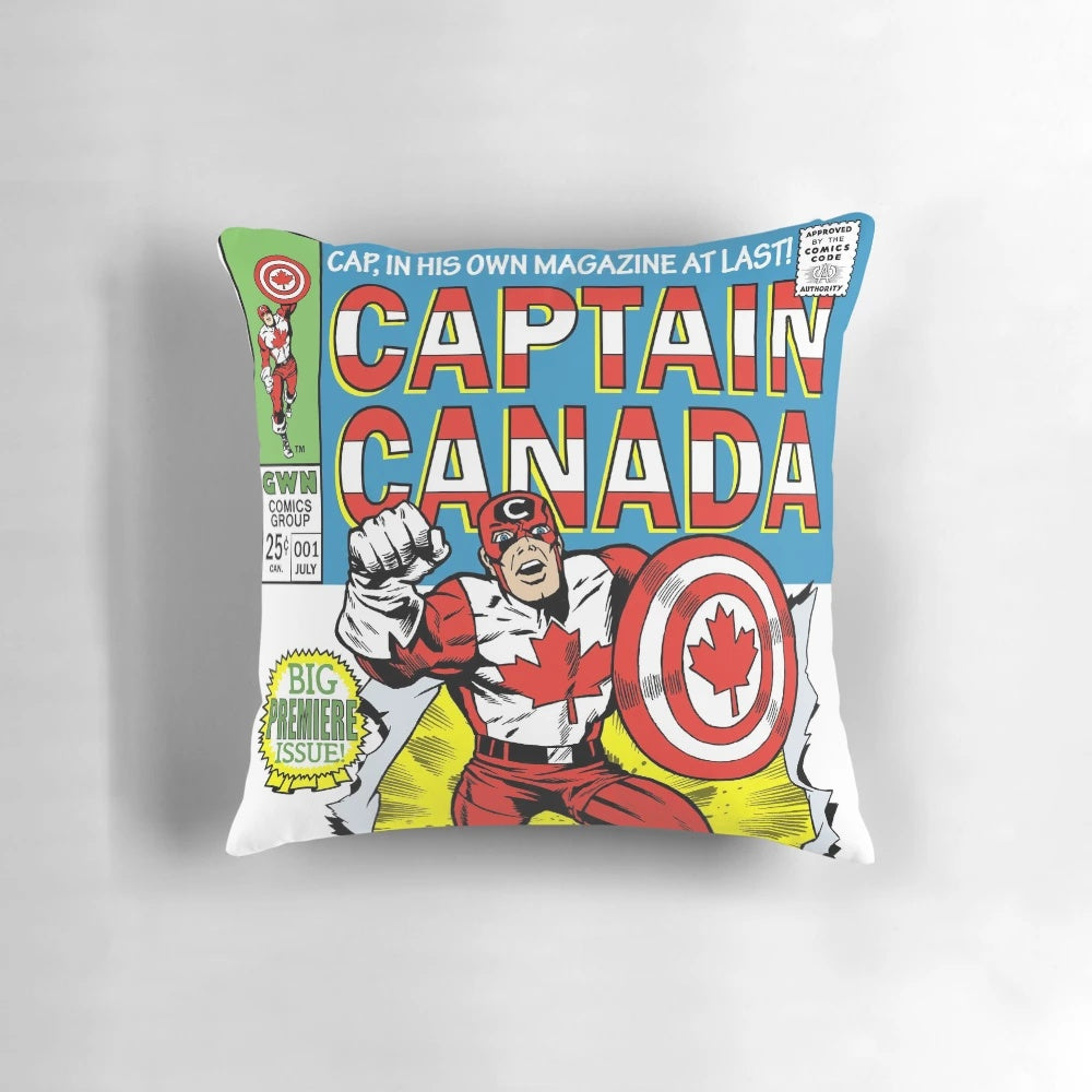 A colorful pillow featuring the iconic Captain Canada superhero design by artist Phil Postma.