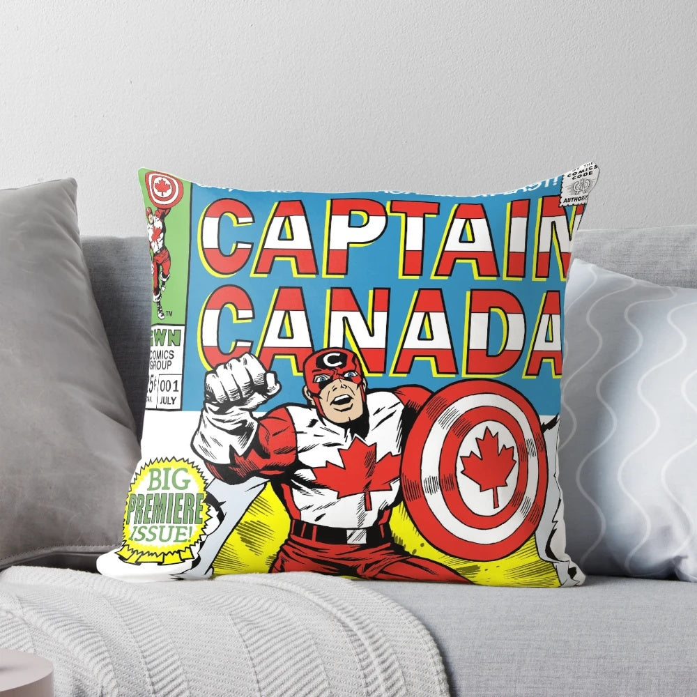 A colorful pillow featuring the iconic Captain Canada superhero design by artist Phil Postma.