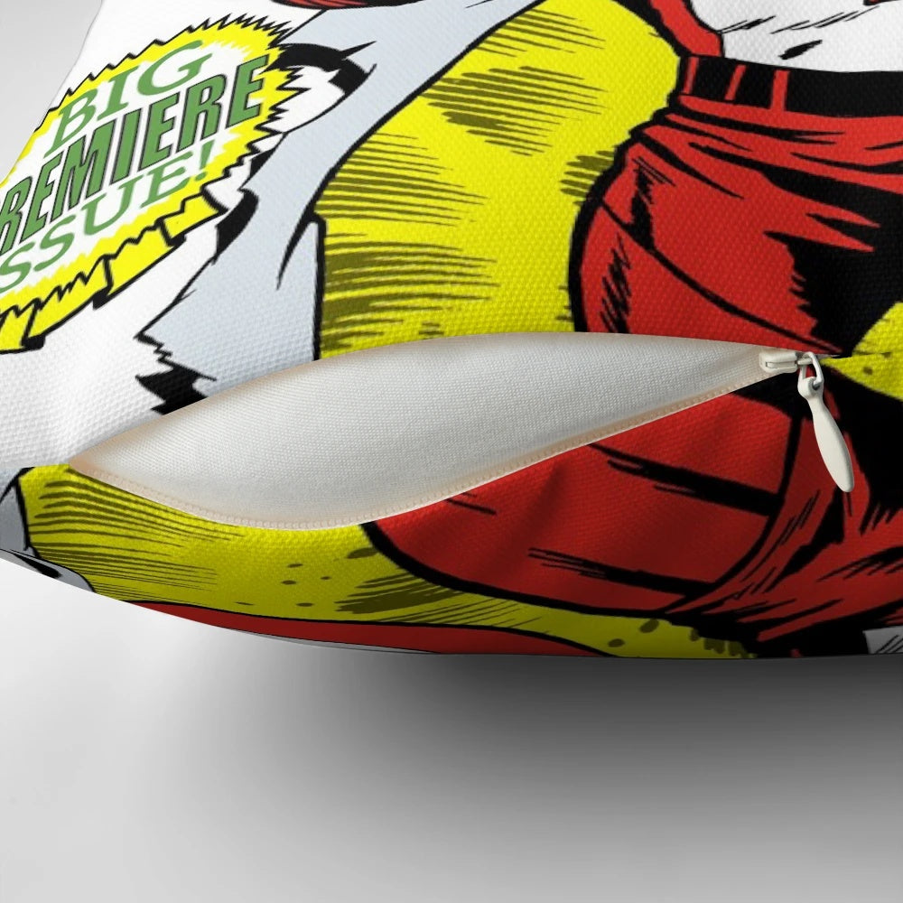 A colorful pillow featuring the iconic Captain Canada superhero design by artist Phil Postma.