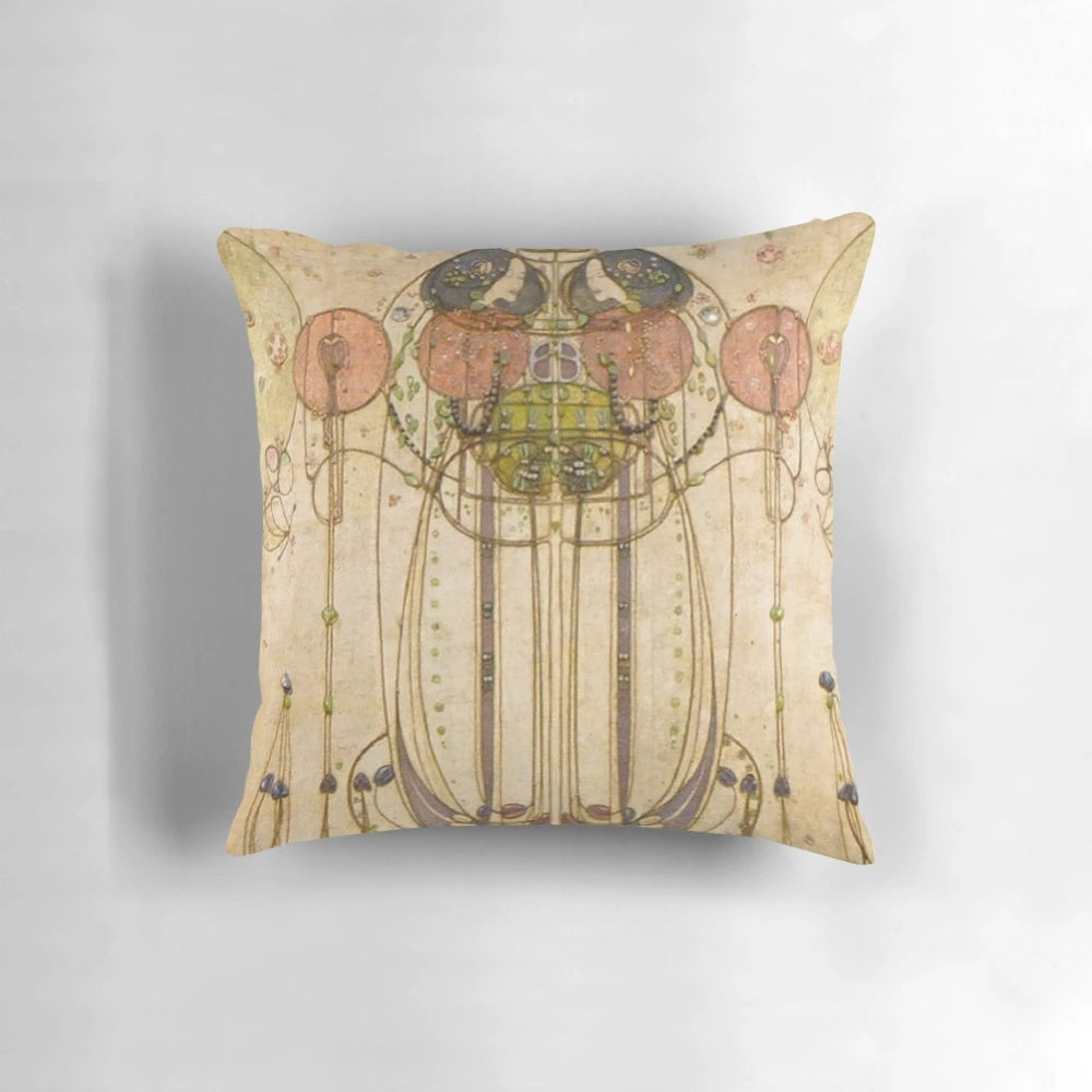Decorative pillow featuring a floral design inspired by the art of Charles Rennie Mackintosh, a renowned Scottish architect and designer.