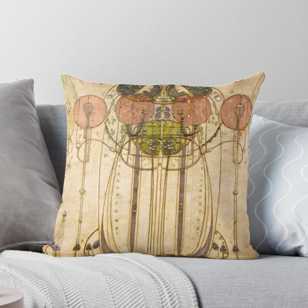 Decorative pillow featuring a floral design inspired by the art of Charles Rennie Mackintosh, a renowned Scottish architect and designer.