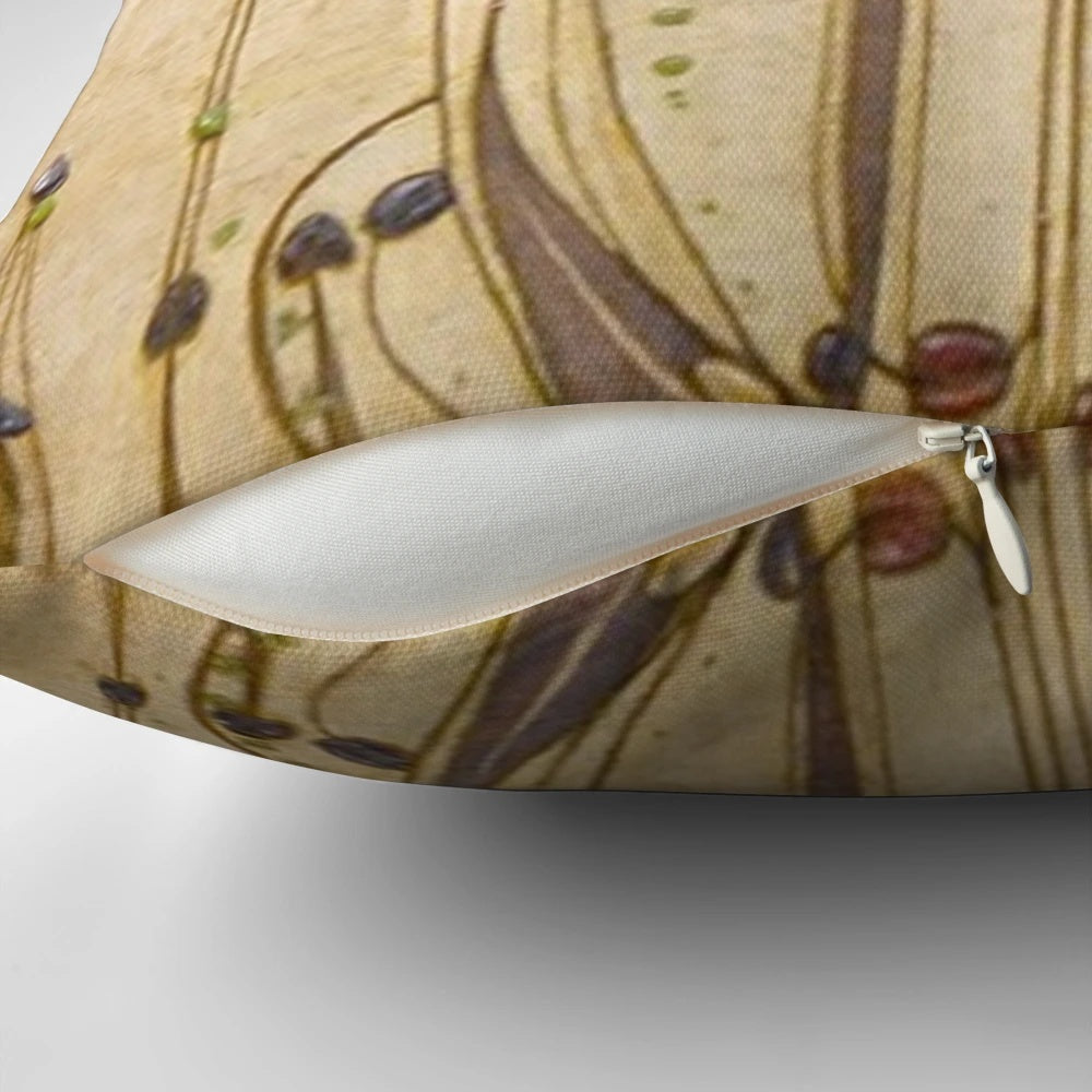 Decorative pillow featuring a floral design inspired by the art of Charles Rennie Mackintosh, a renowned Scottish architect and designer.